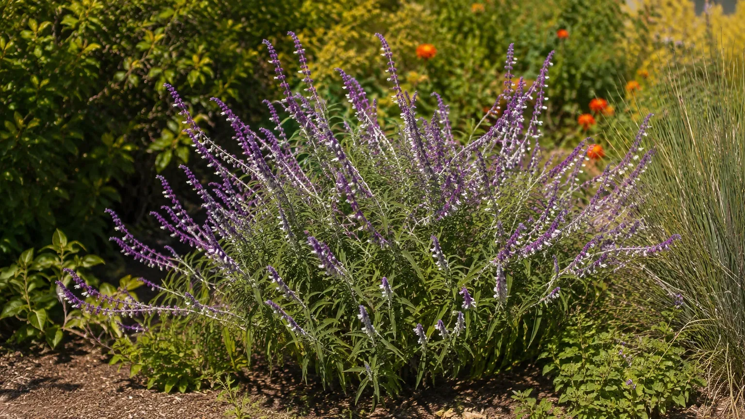 Healthy Mexican bush sage with velvety purple flower spikes in a sunny garden border