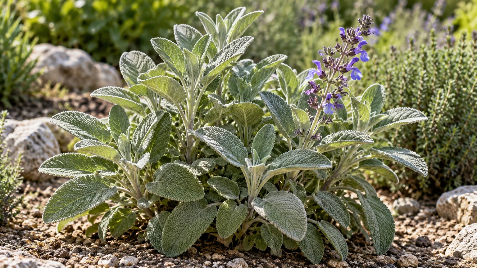 Culinary sage with textured gray-green leaves