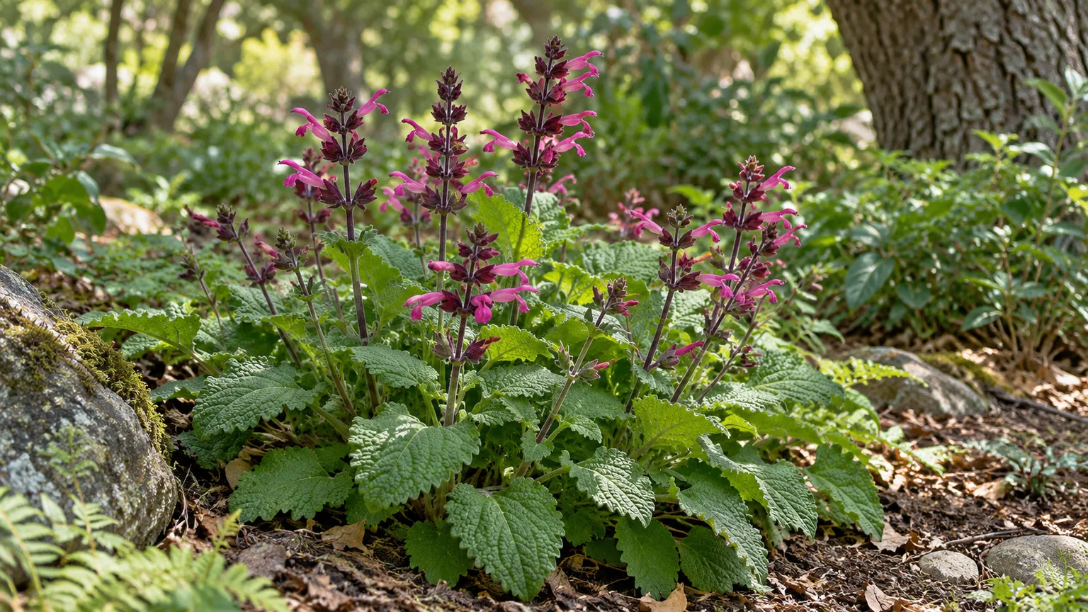 Healthy hummingbird sage with magenta flower spikes growing in a shaded California woodland garden