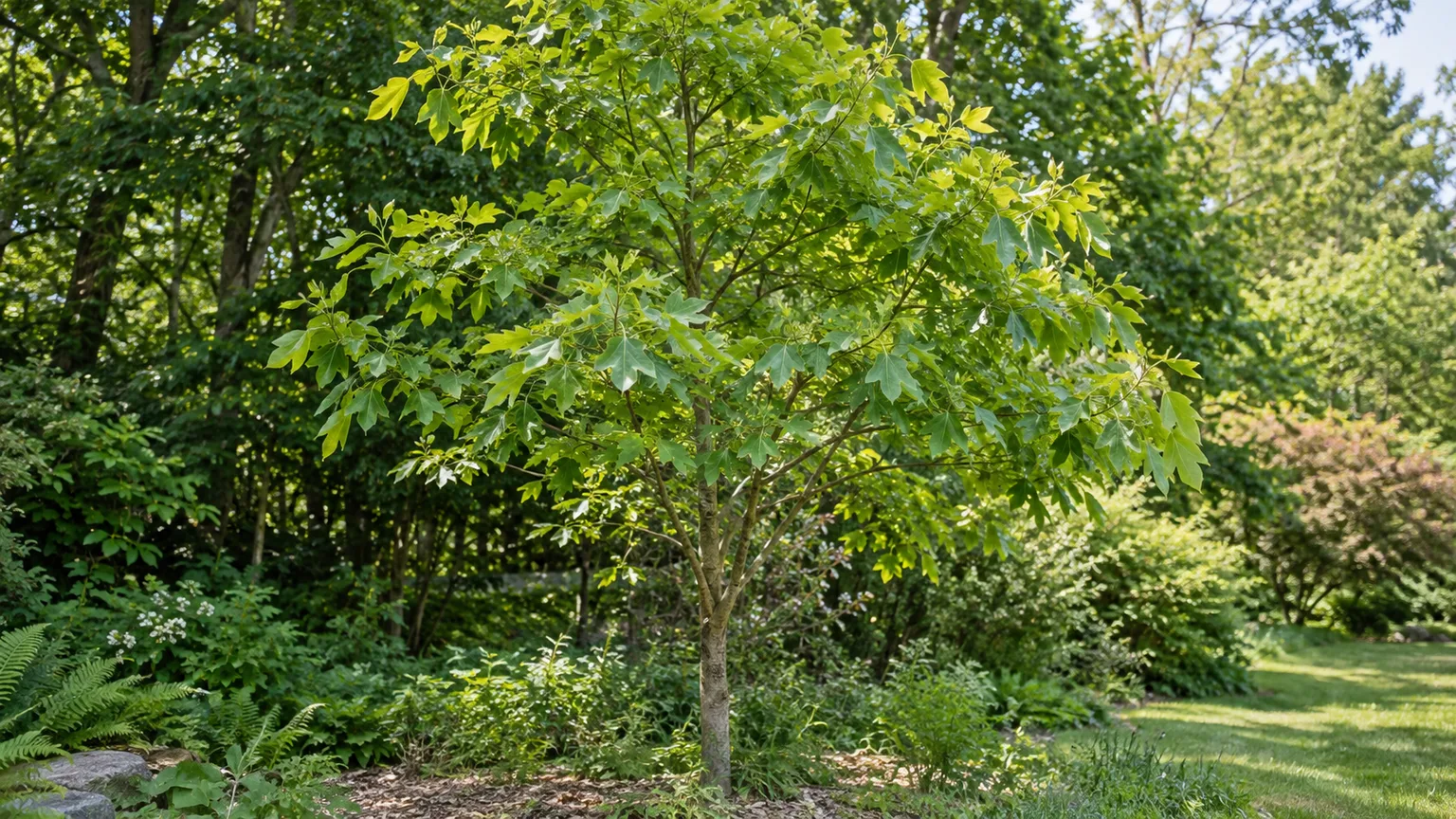 Healthy sassafras tree with distinctive mixed-shape leaves at a woodland garden edge