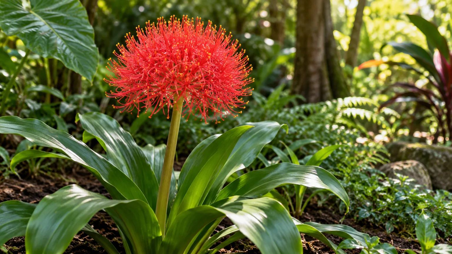 Blood lily Scadoxus multiflorus with a scarlet globe-shaped flower and broad green leaves in a shaded garden