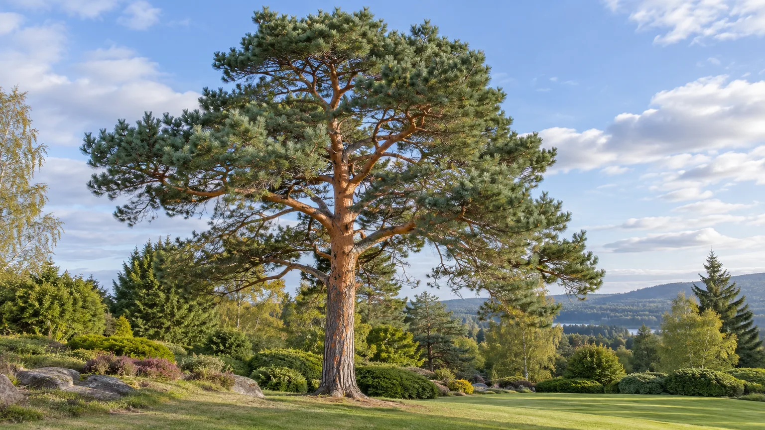 Mature Scots pine with a broad crown, paired blue-green needles, and orange-brown bark in an open garden