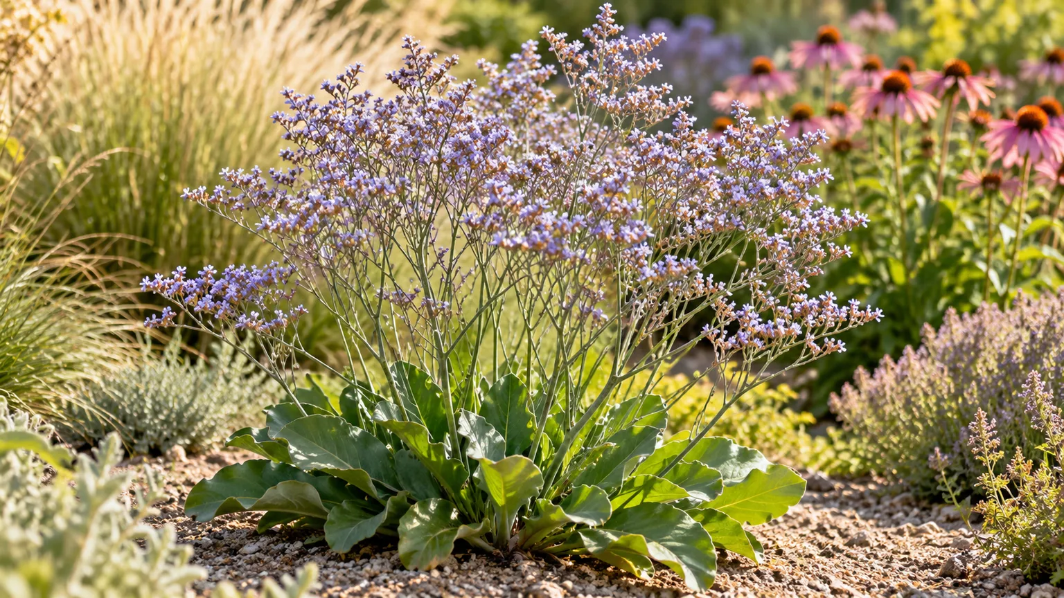 Healthy sea lavender with airy lavender-blue flowers in a sunny garden border