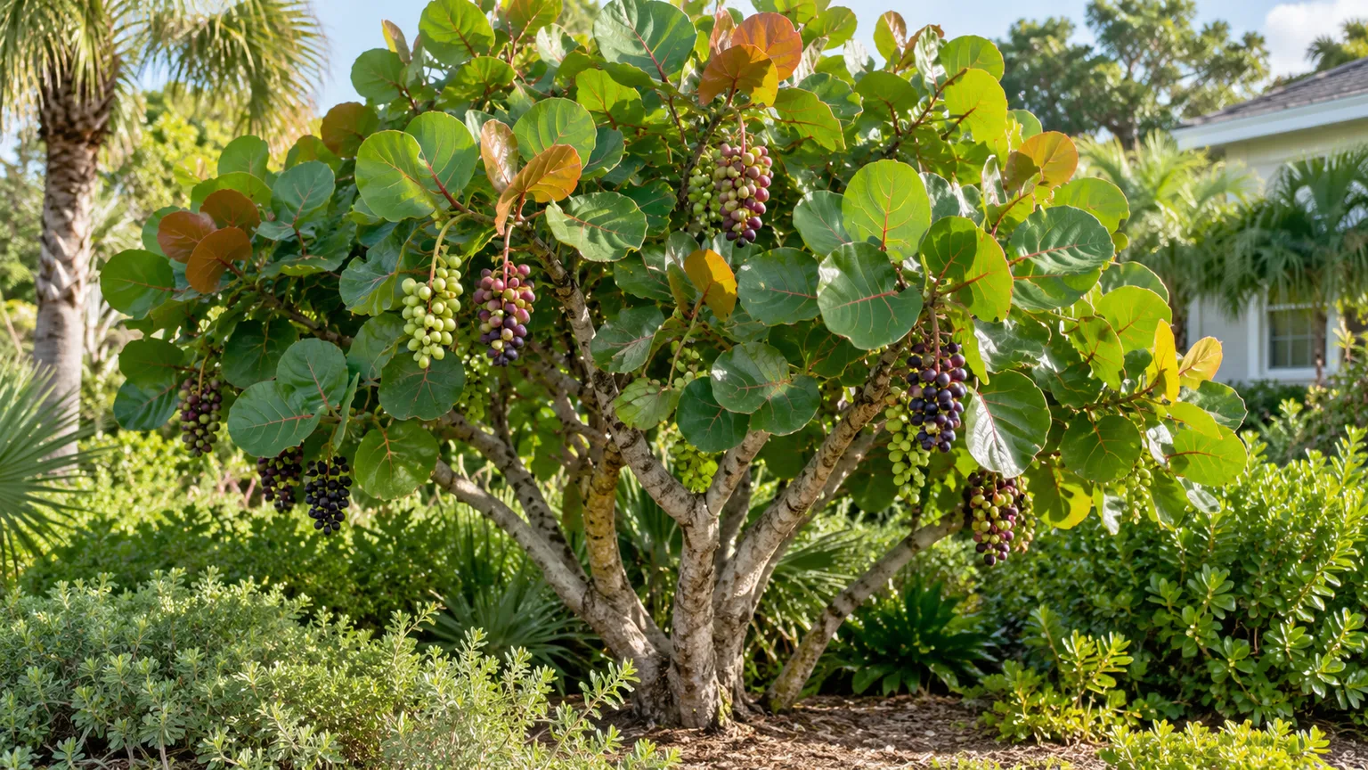 Sea grape growing as a coastal shrub with broad round leaves