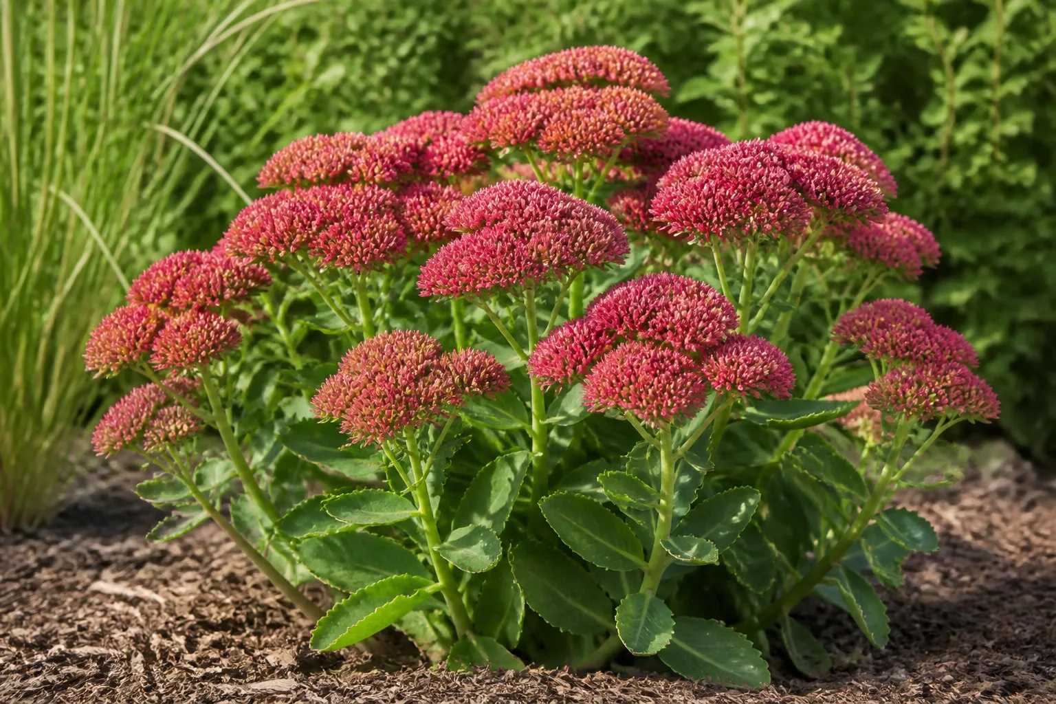 Autumn Joy sedum with rose-pink flower heads turning rust in a sunny garden
