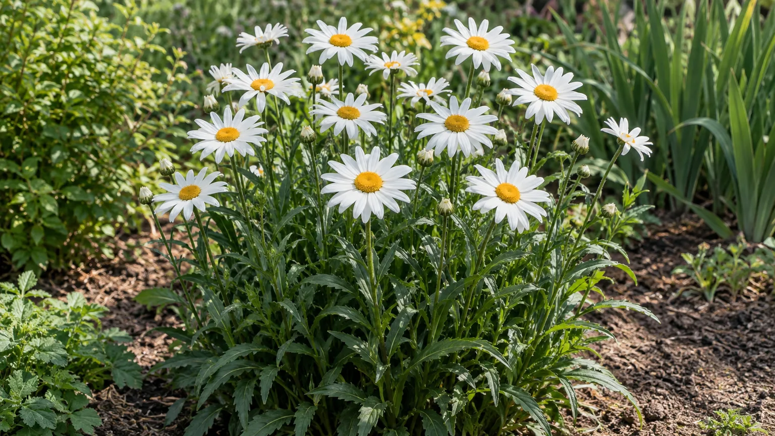 Healthy Shasta daisy clump with white petals and yellow centers in a sunny garden