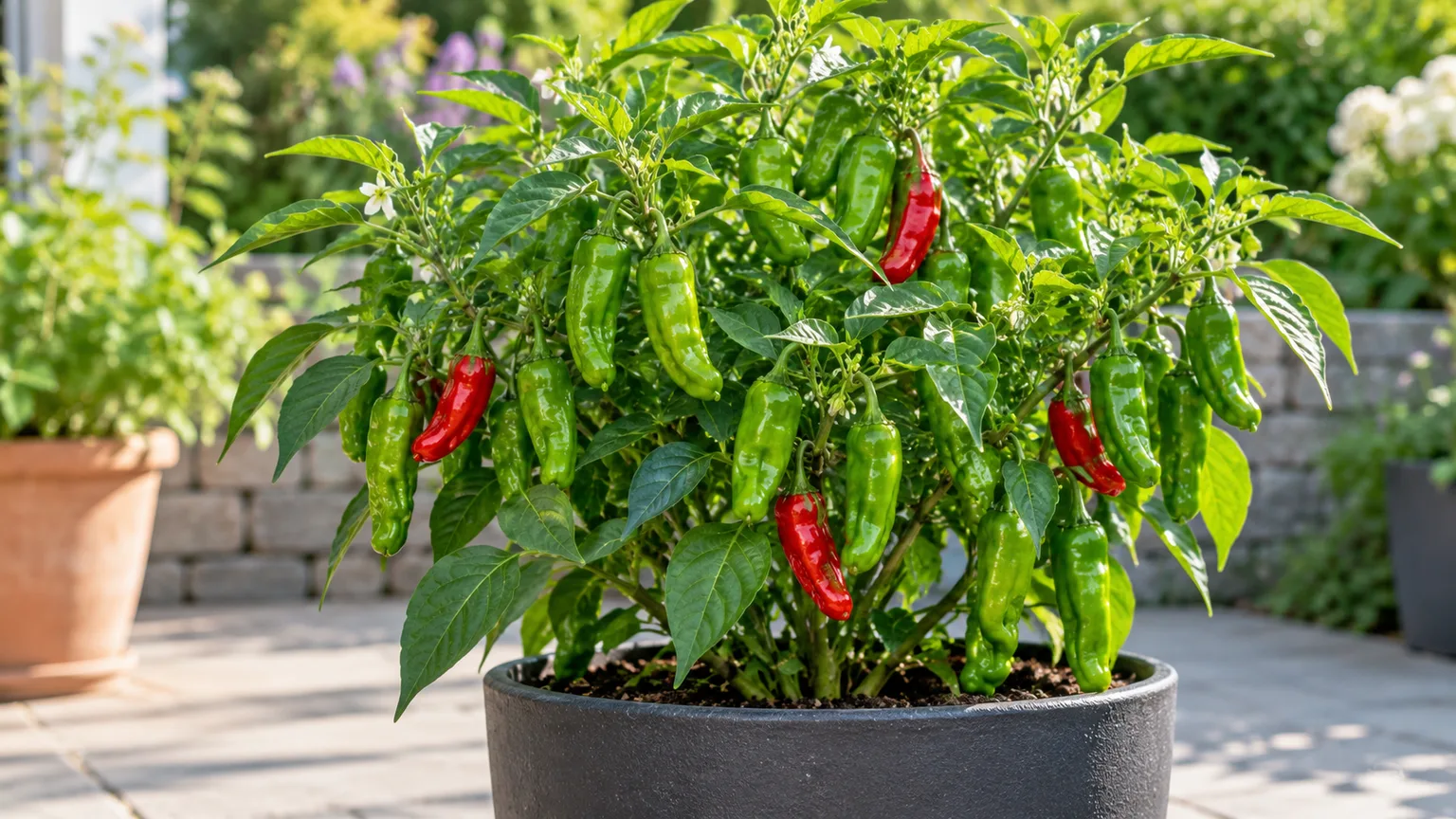 Shishito pepper plant growing in a container with green pods and a few ripe red peppers