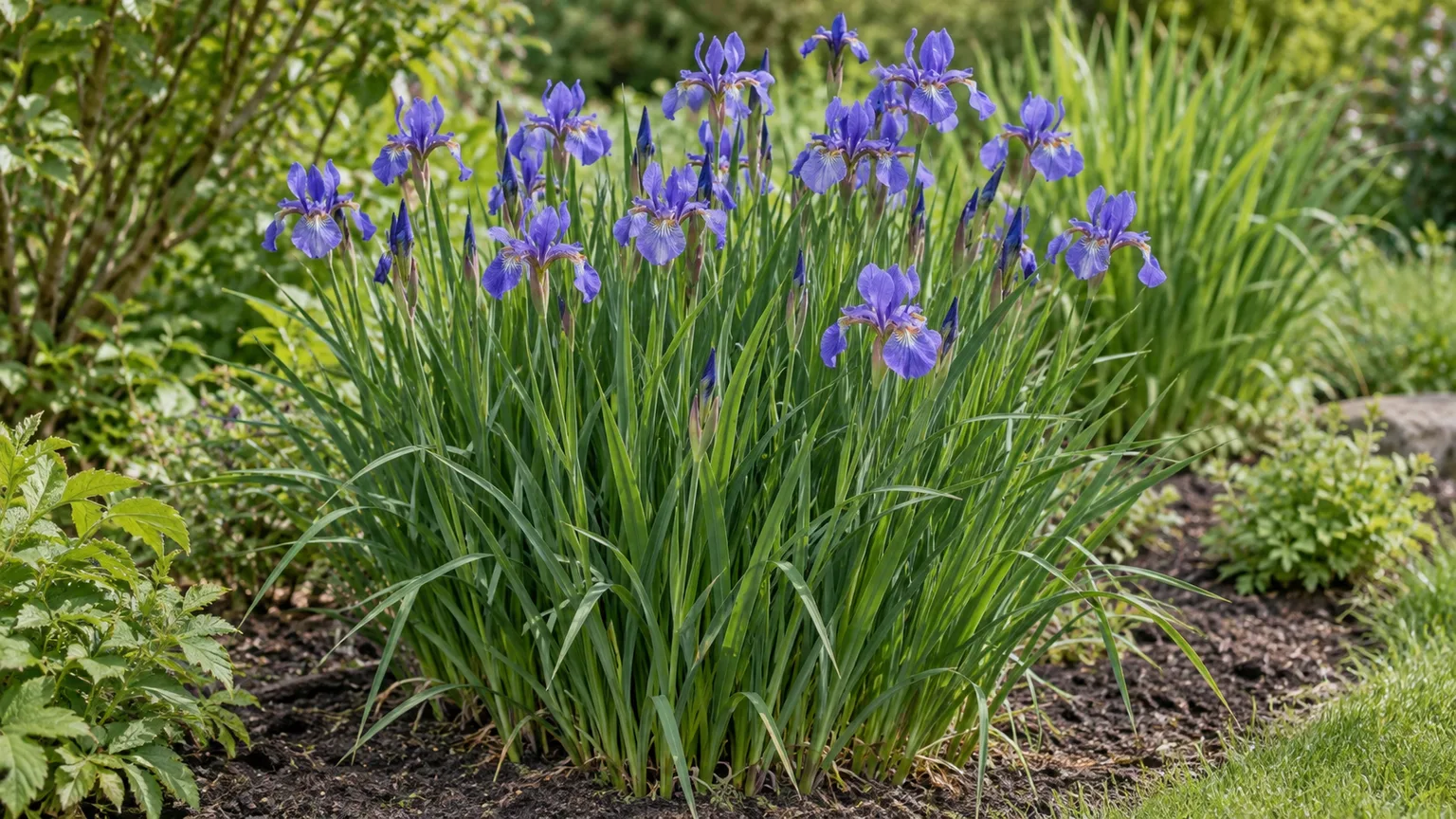 Siberian iris clump with narrow blue-green leaves and violet-blue beardless flowers