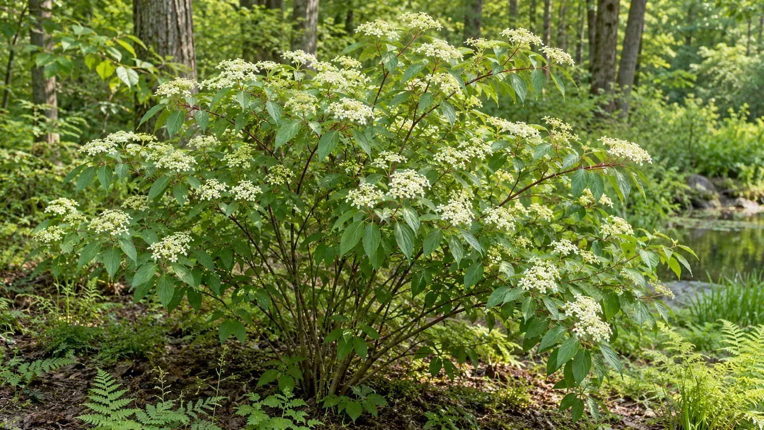 Silky dogwood growing along a moist woodland stream, with cream-white flower clusters