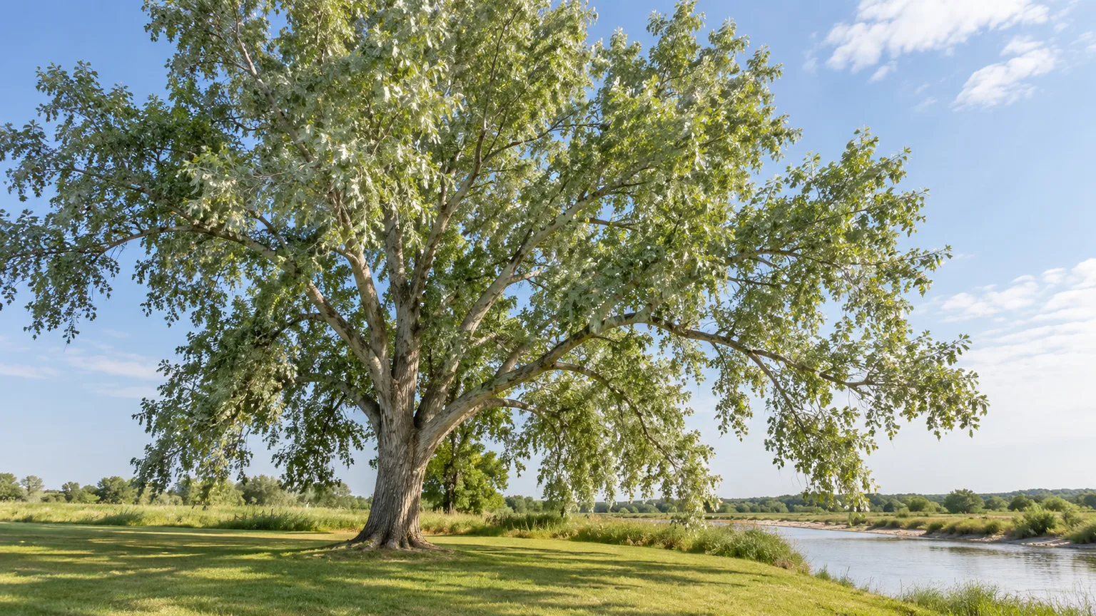 Mature silver maple with green foliage and a broad canopy beside a stream