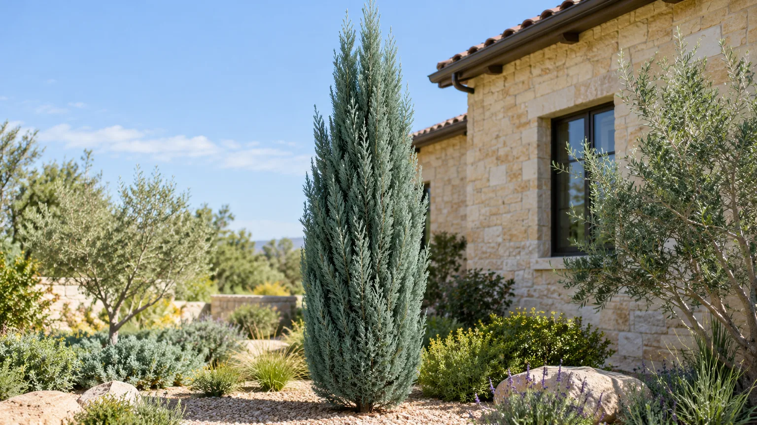 Skyrocket juniper with upright blue-green foliage in a sunny gravel garden