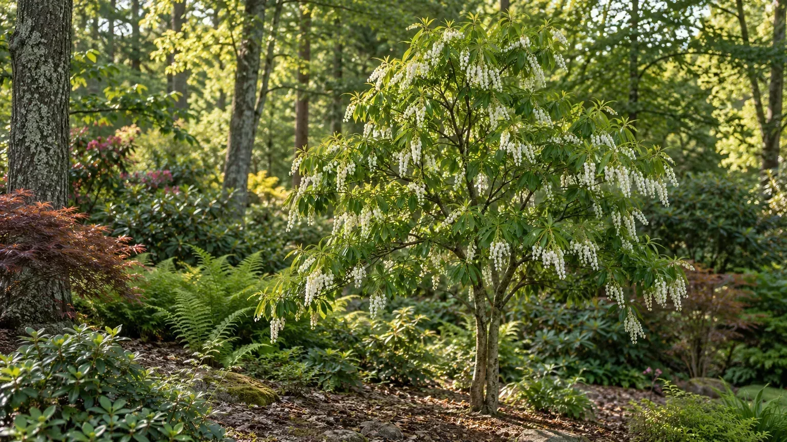 Healthy sourwood tree with white summer flower panicles in a woodland garden