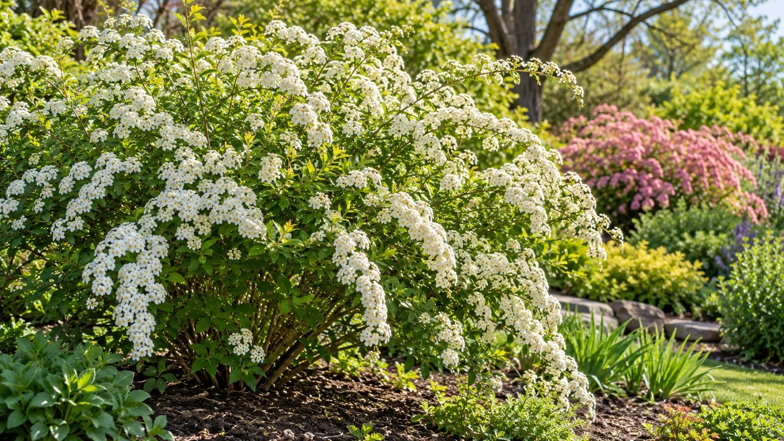 Healthy spiraea shrubs with white spring flowers and pink blooms in a sunny garden border