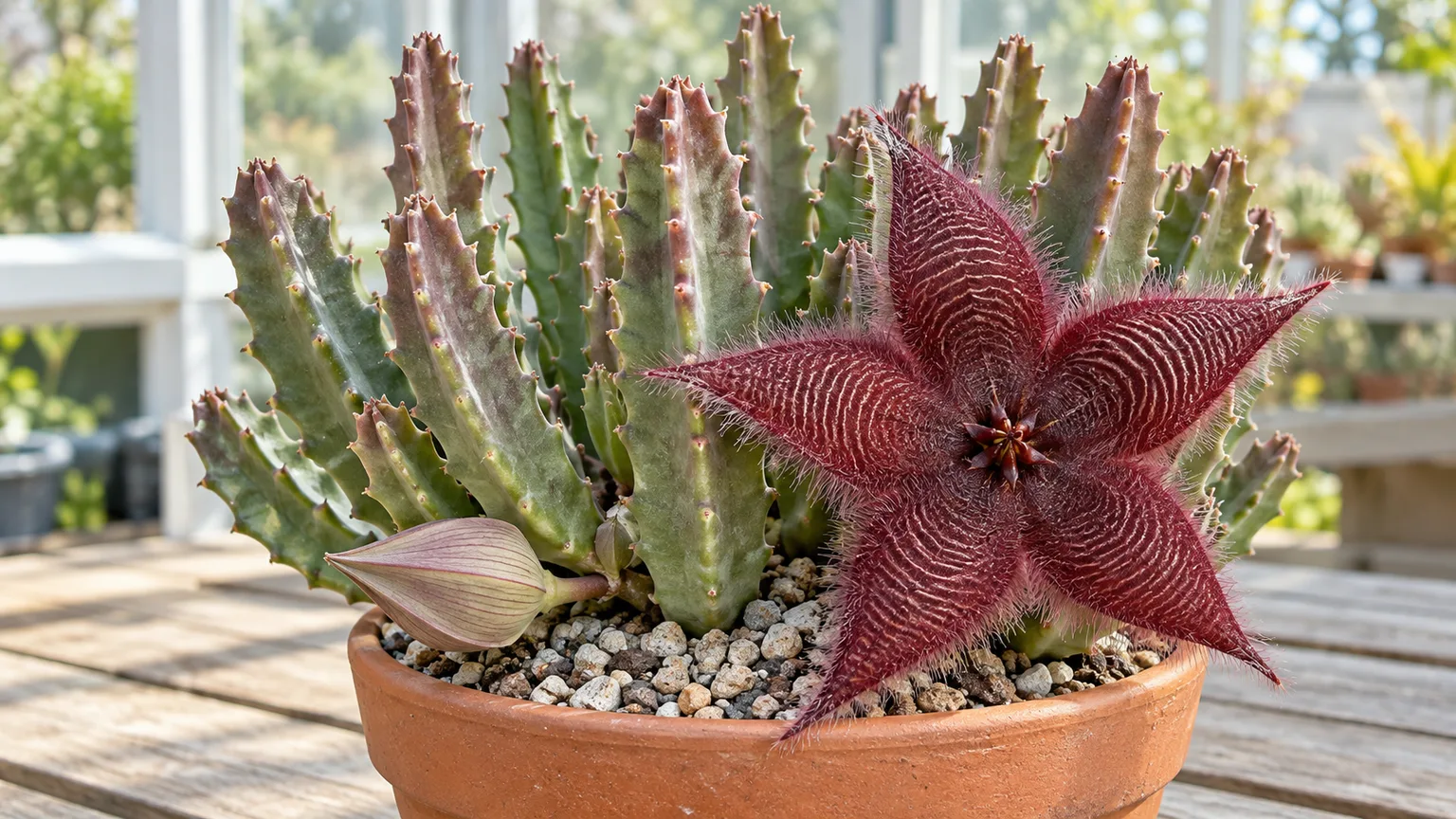 Stapelia hirsuta with fleshy stems and a hairy maroon flower in a terracotta pot