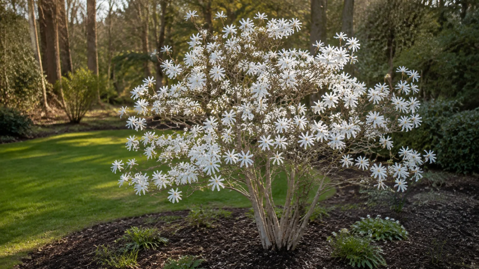 Healthy star magnolia in white spring bloom in a woodland garden