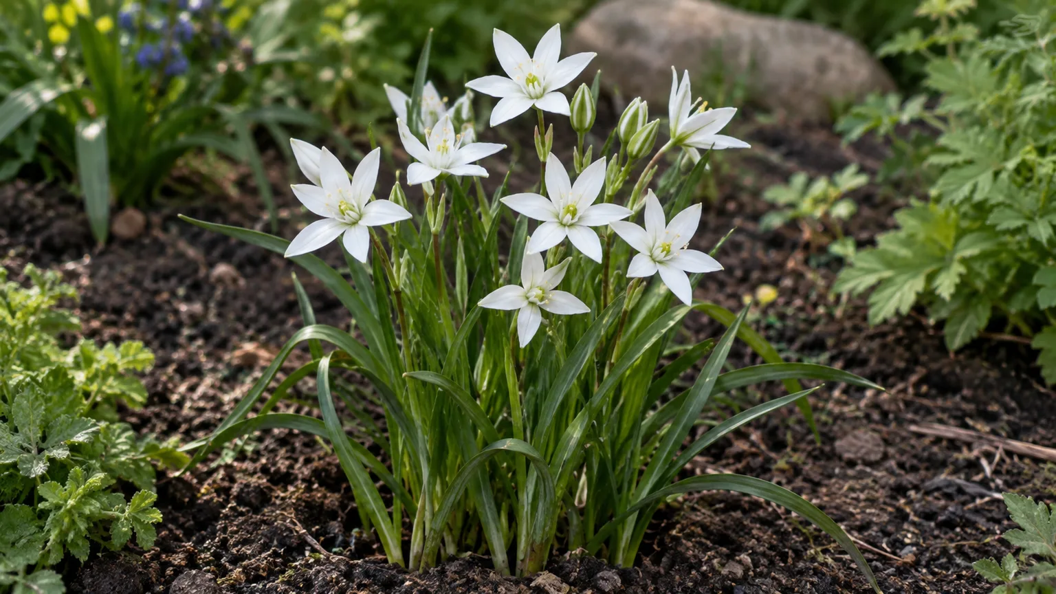 Star of Bethlehem clump with white star-shaped flowers above green leaves