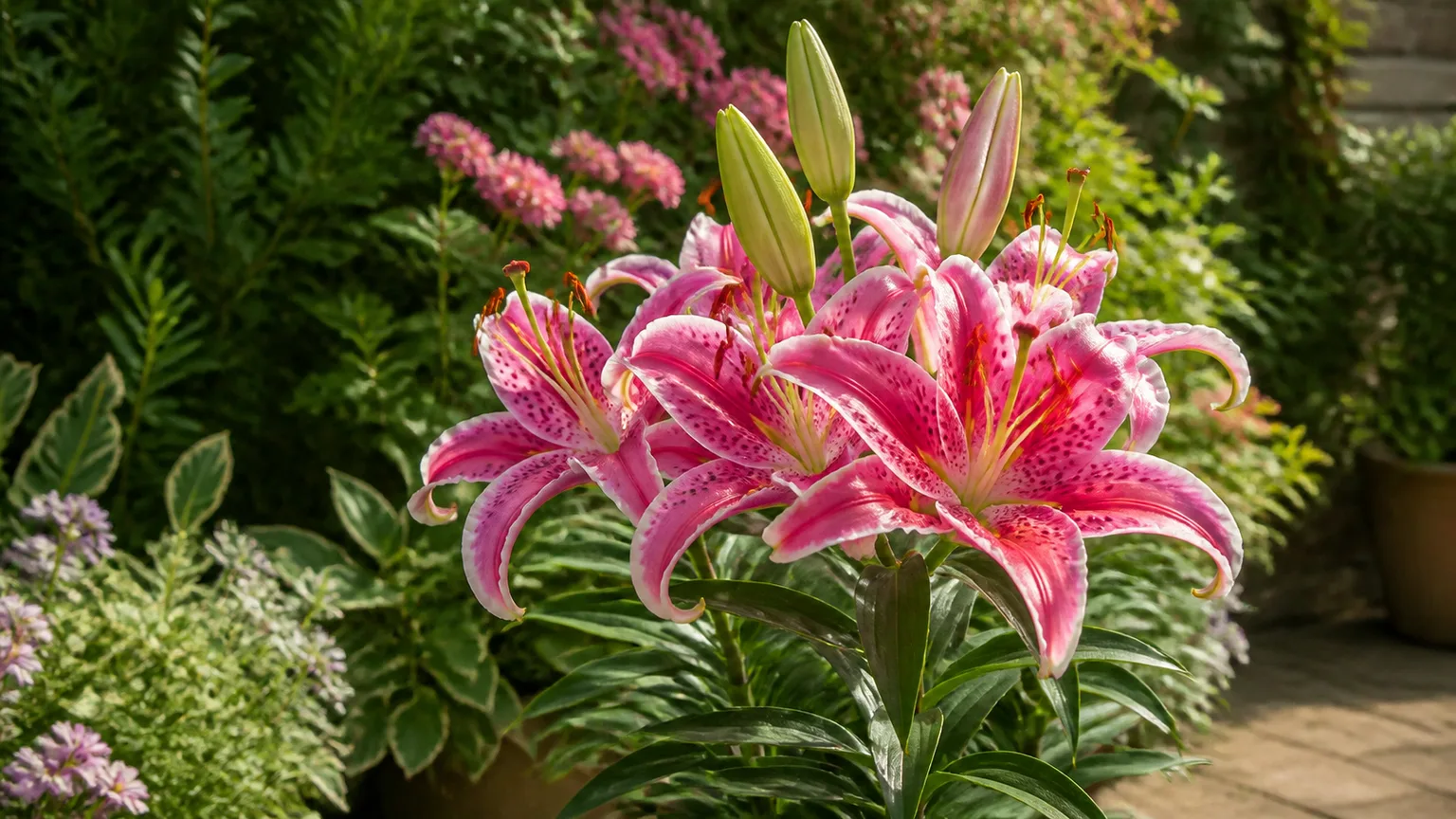 Pink-and-white ‘Stargazer’ lilies flowering in a sunny garden border