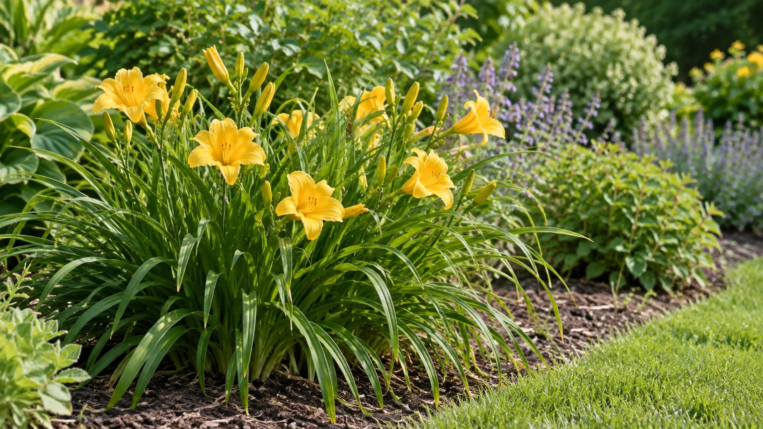 Golden Stella d'Oro daylily flowers above arching green leaves