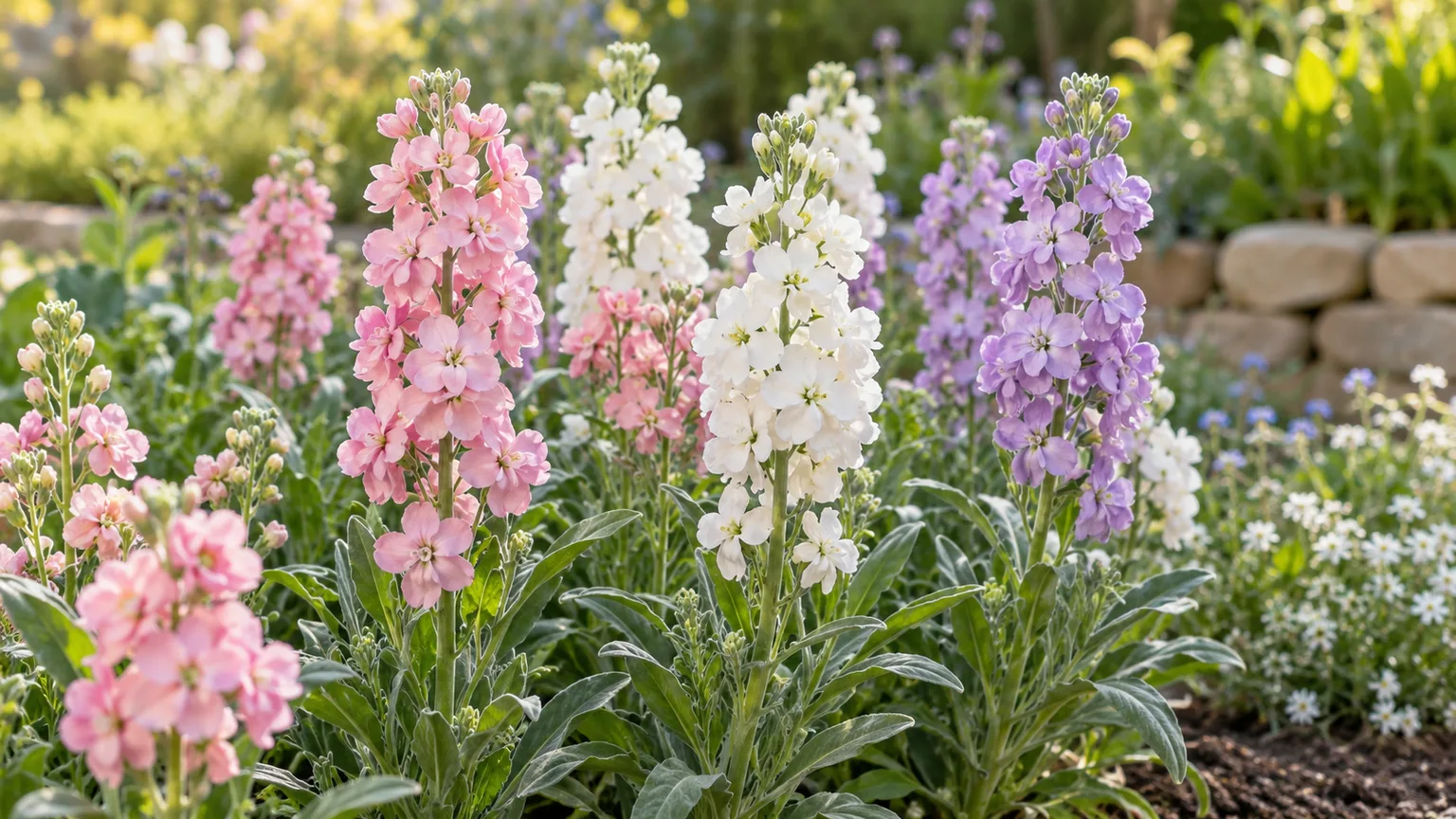 Pink, white, and lavender stock flower spikes rising above gray-green foliage in a garden bed