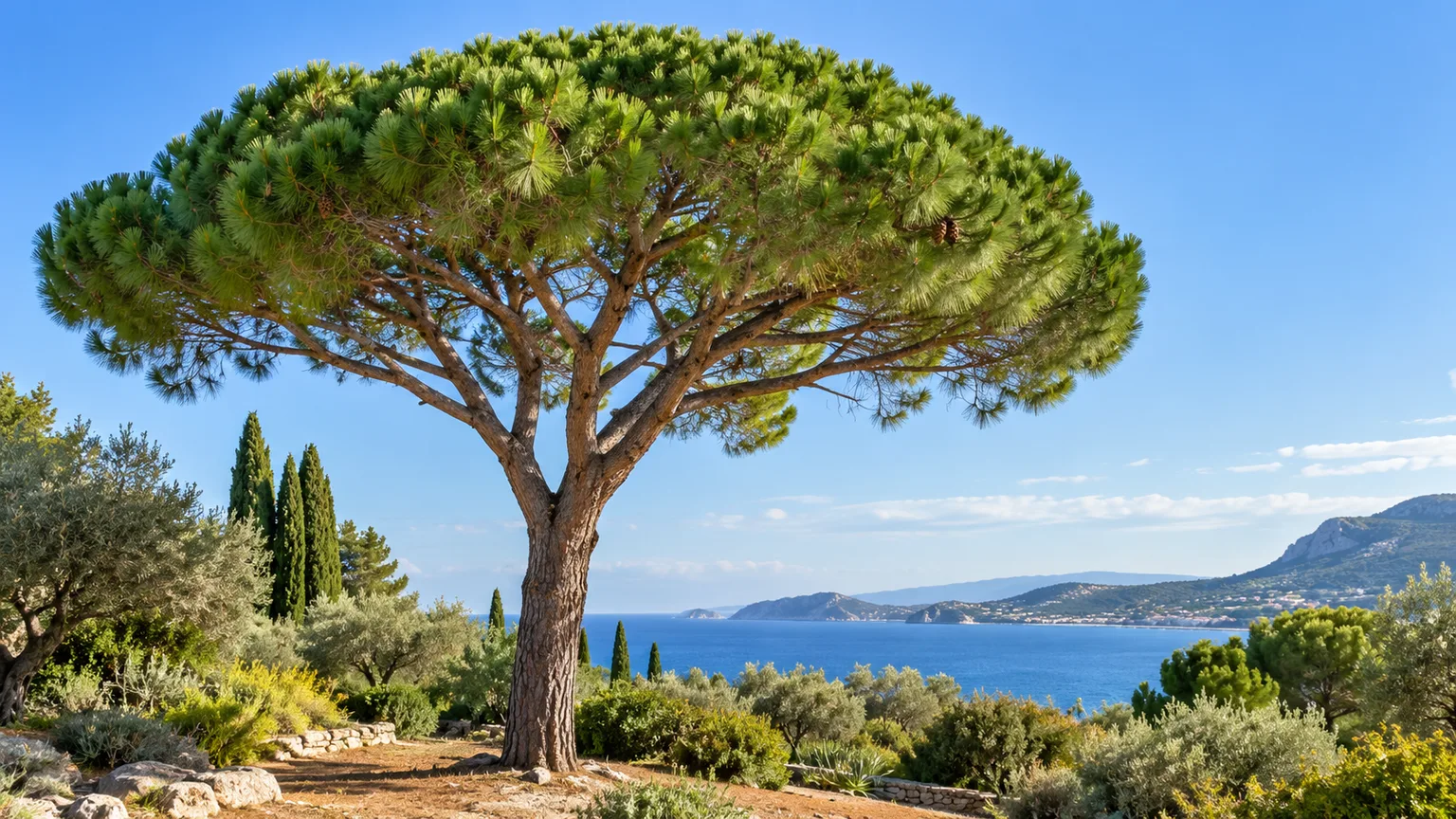 Mature Italian stone pine with a broad umbrella-shaped crown in a sunny Mediterranean garden