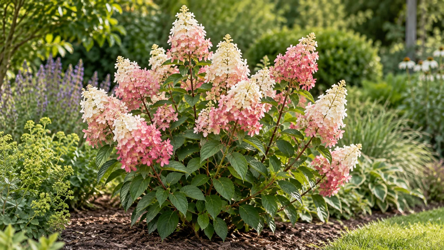 Healthy Strawberry Sundae panicle hydrangea with creamy white and pink conical flowers in a mulched garden