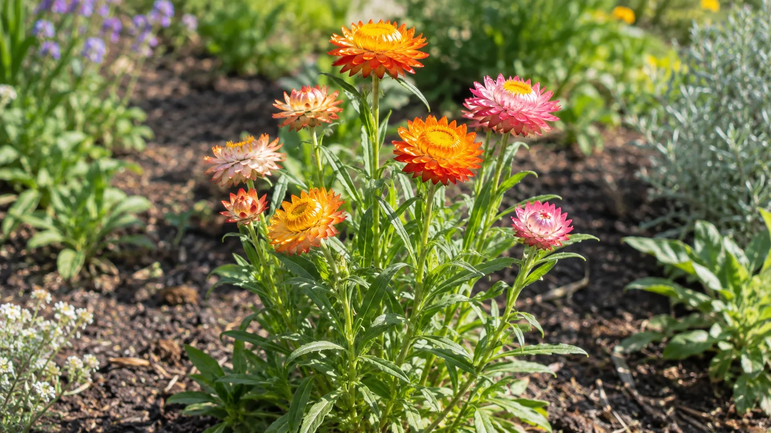 Healthy strawflower with papery orange, pink, yellow, and cream blooms