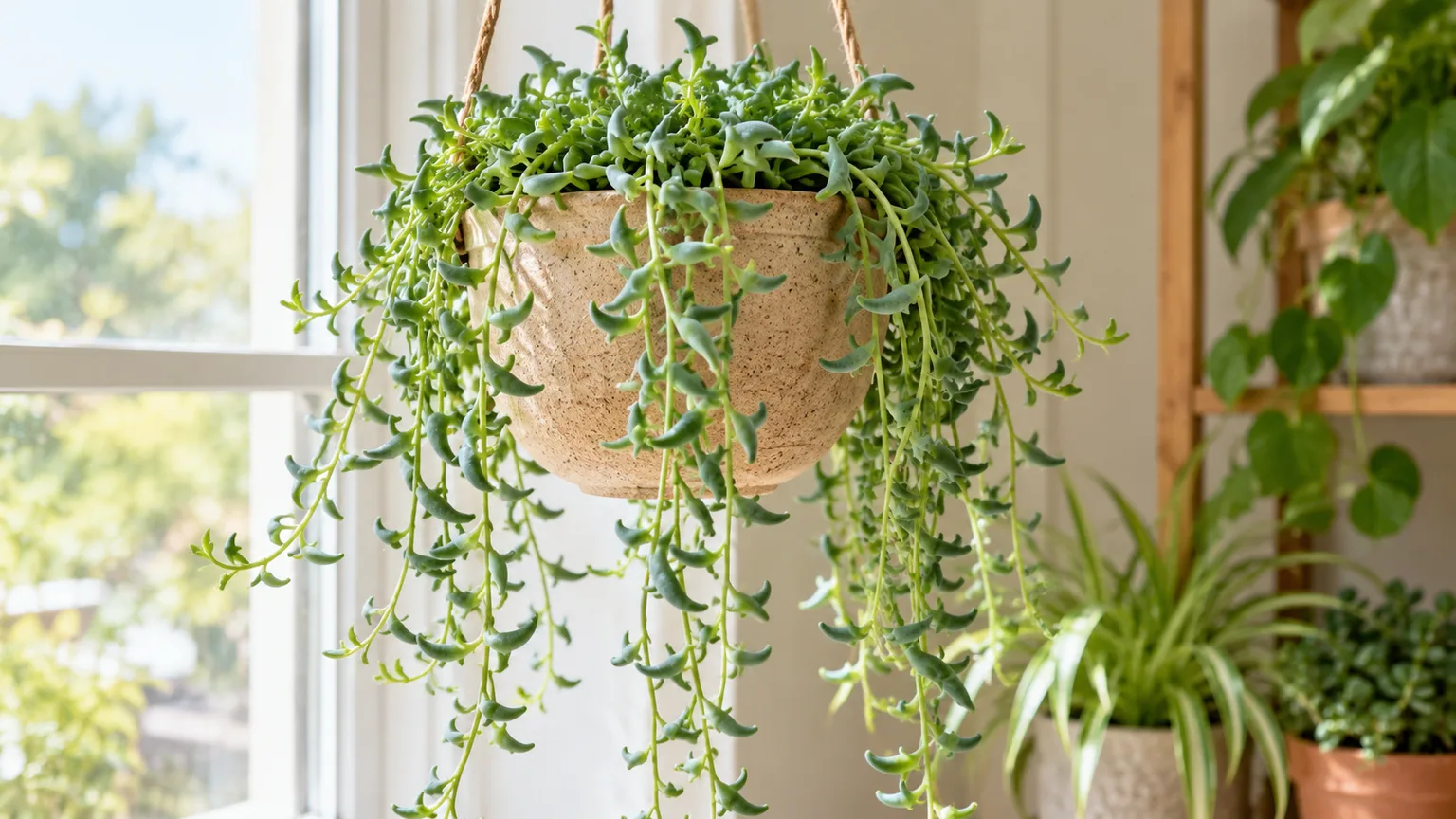 Healthy String of Dolphins succulent with curved, dolphin-shaped leaves trailing from a hanging pot