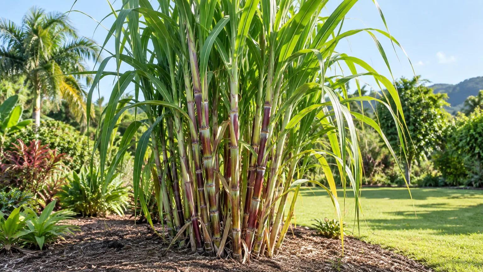 Healthy sugar cane with tall segmented canes and arching leaves in a sunny garden