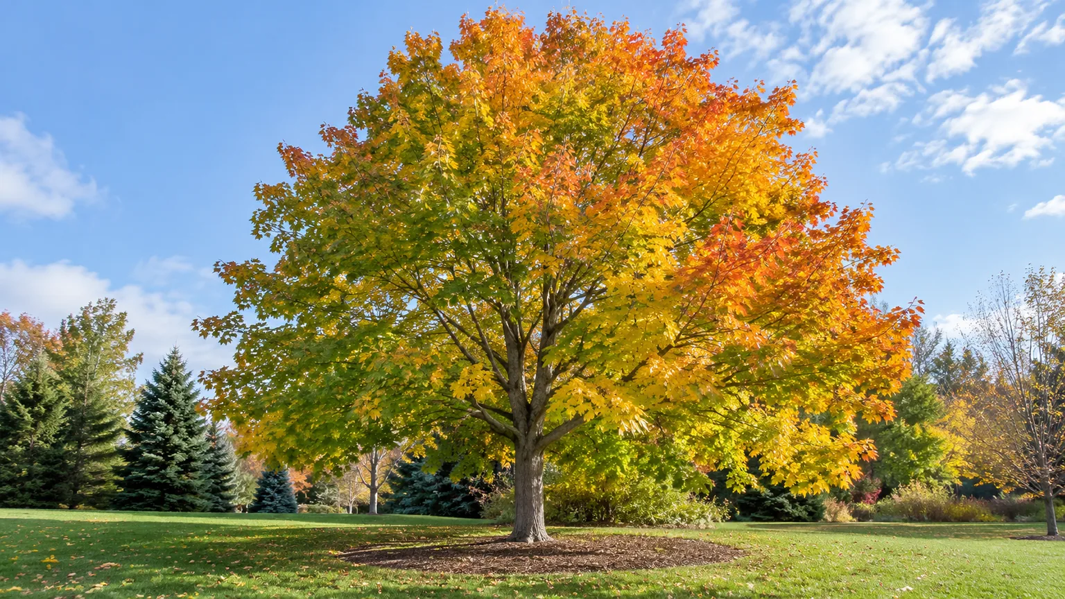 Mature sugar maple with yellow and orange fall foliage in an open lawn