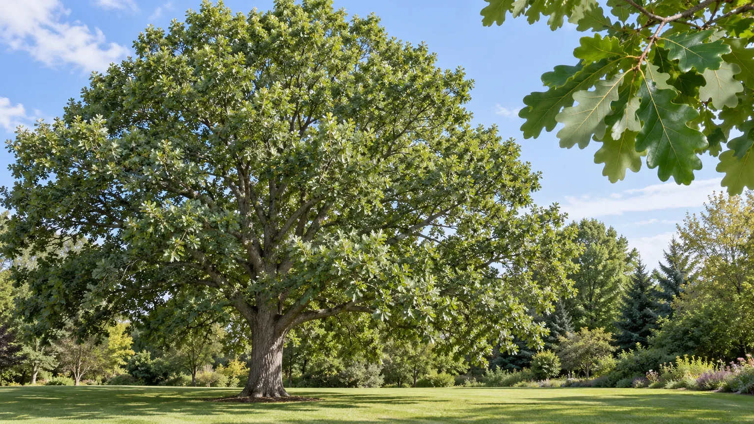Mature swamp white oak with a broad rounded canopy in a spacious yard