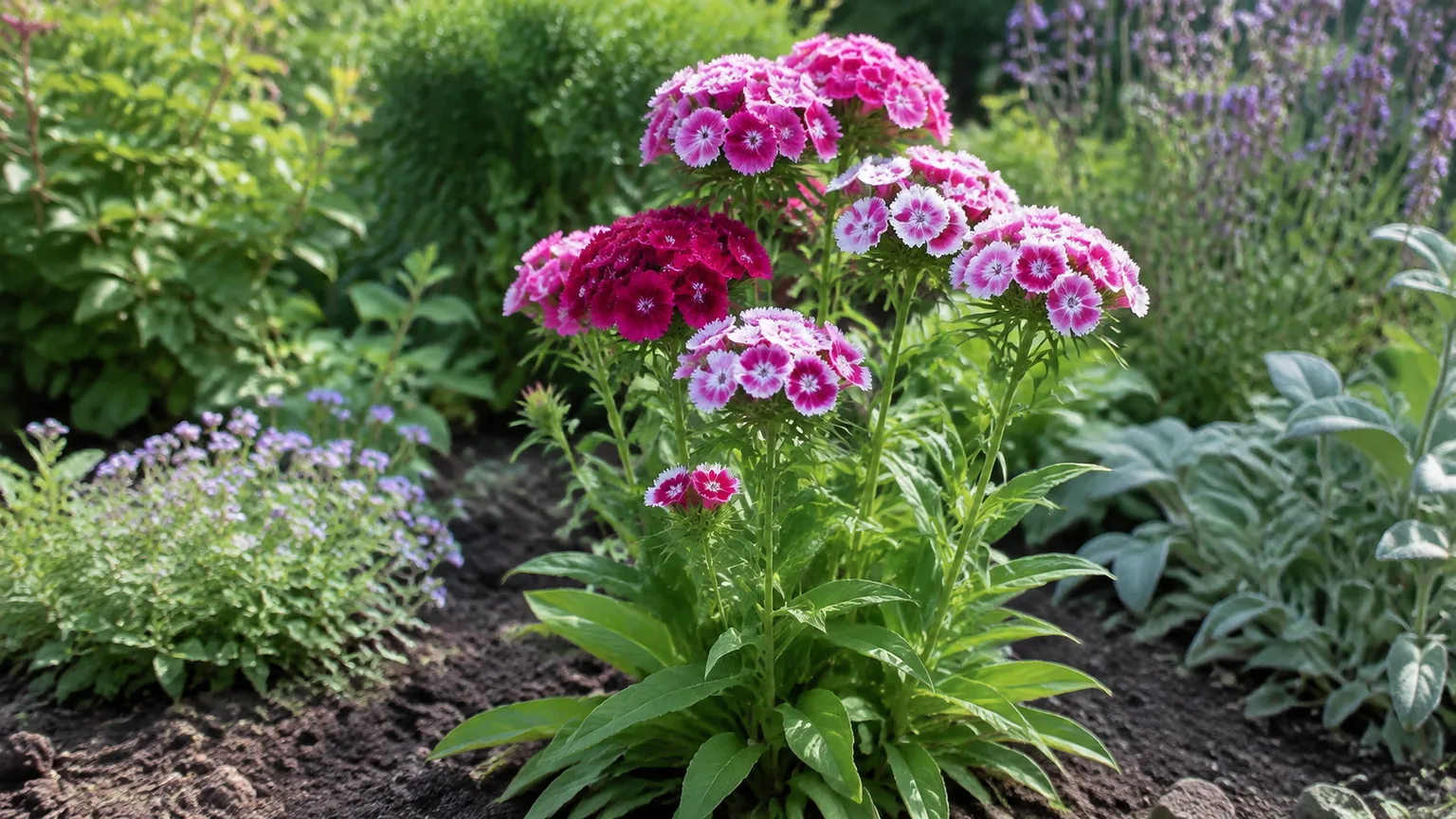 Healthy Sweet William with clustered pink, white, and burgundy flowers in a sunny cottage garden