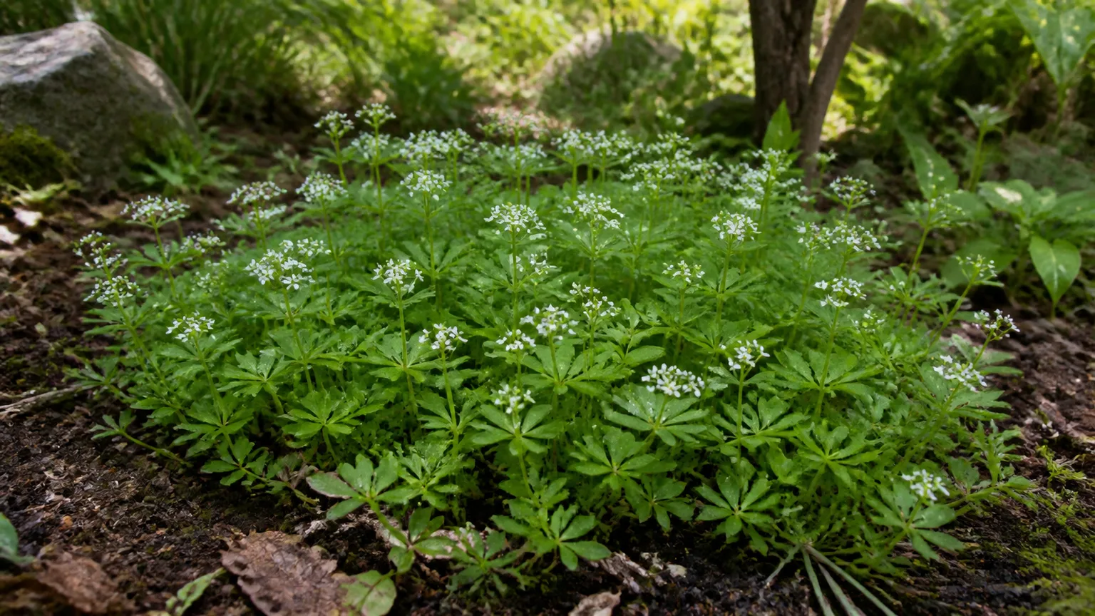 Healthy sweet woodruff with whorled green foliage and small white flowers in a shady woodland garden