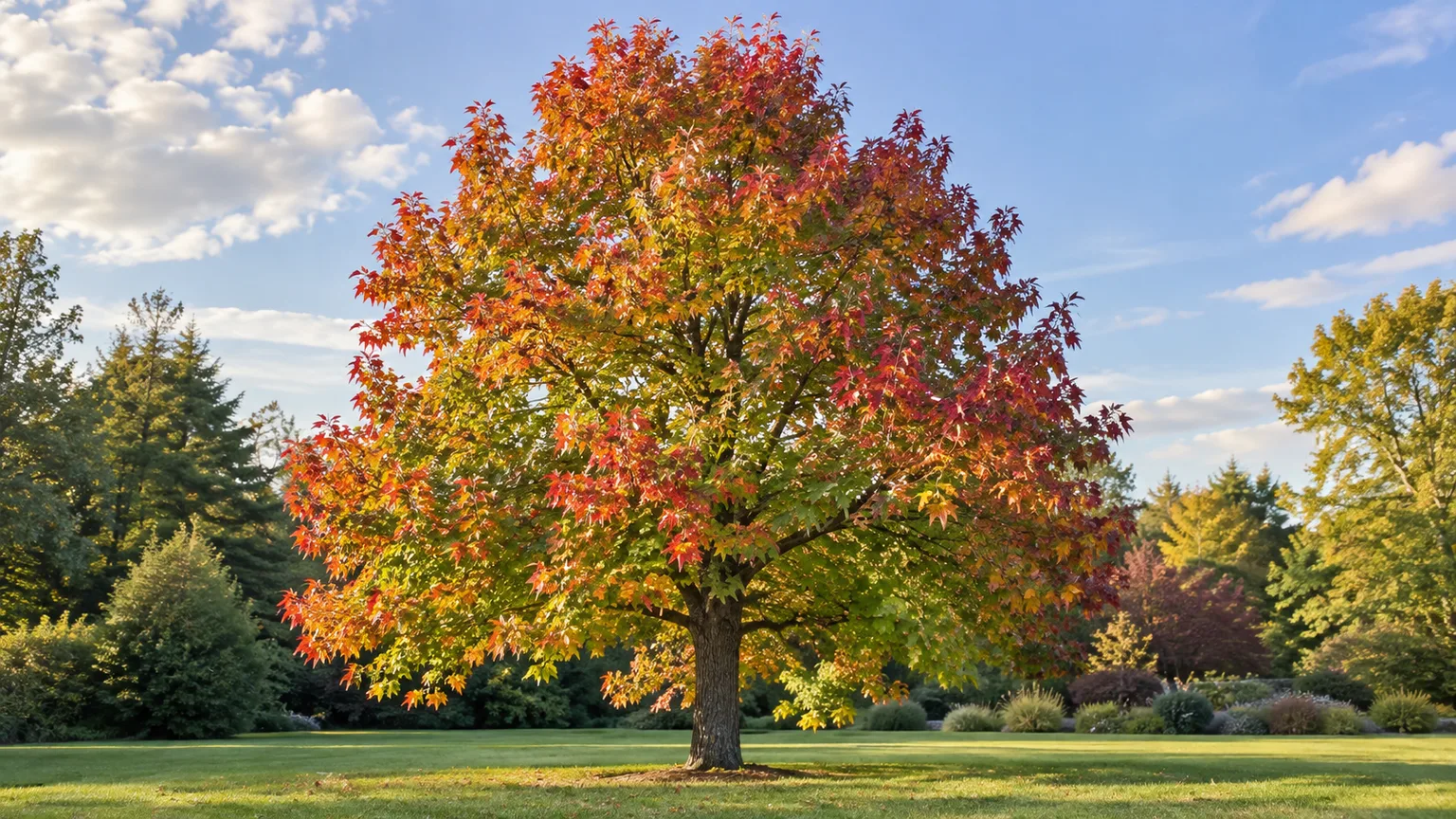 Healthy American sweetgum tree with vivid autumn foliage in an open landscape
