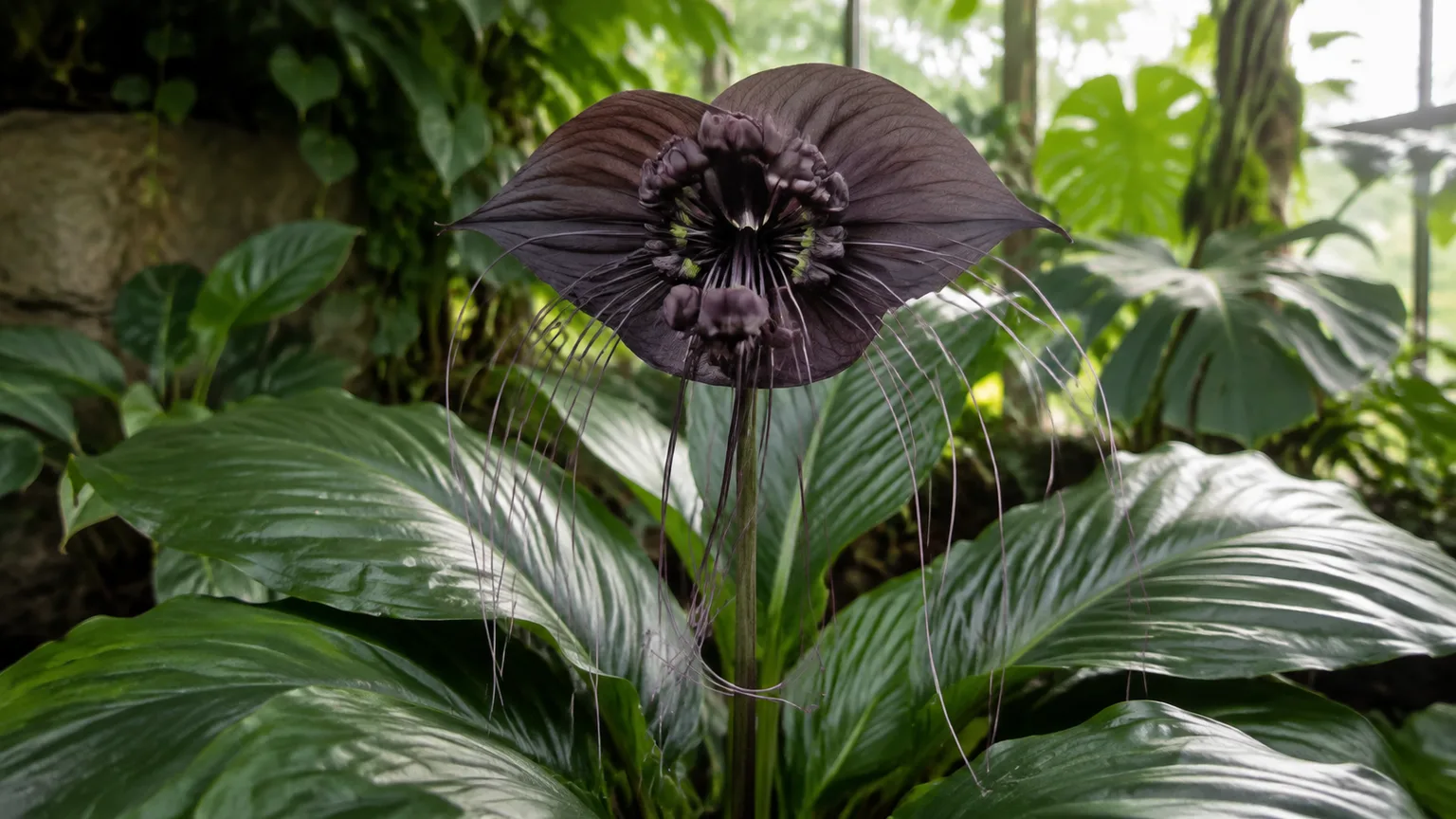 Healthy black bat flower with a dark bat-shaped bloom in filtered light