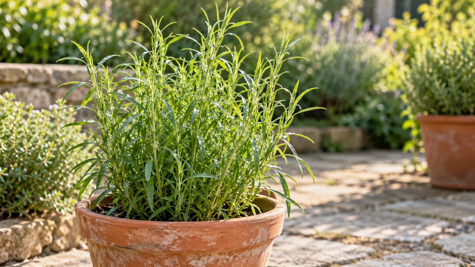 Healthy French tarragon with upright green stems and fine aromatic leaves in a sunny herb garden