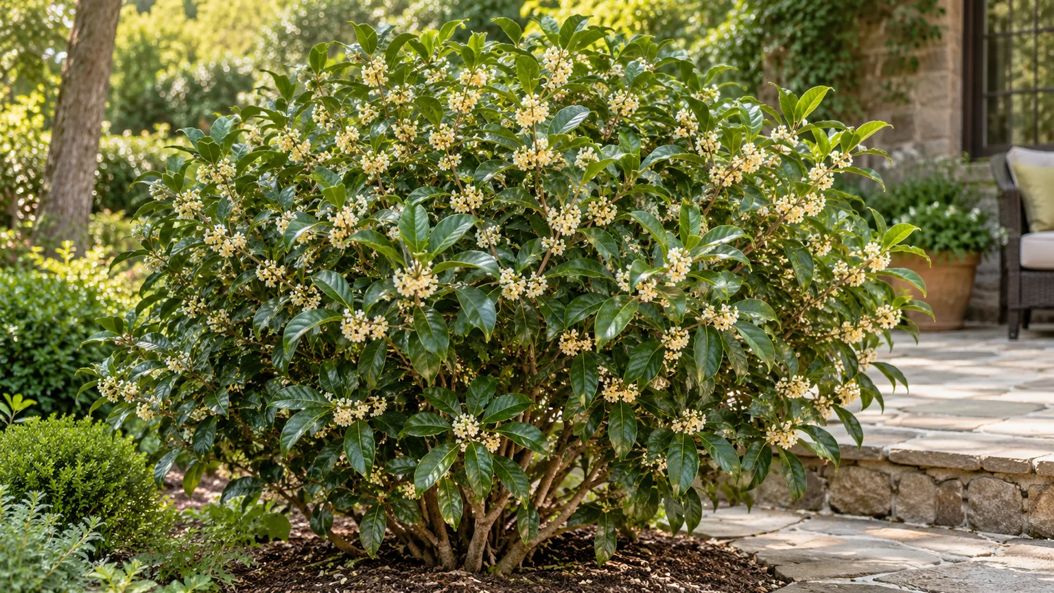 Tea olive shrub with glossy evergreen leaves and small creamy flower clusters beside a patio