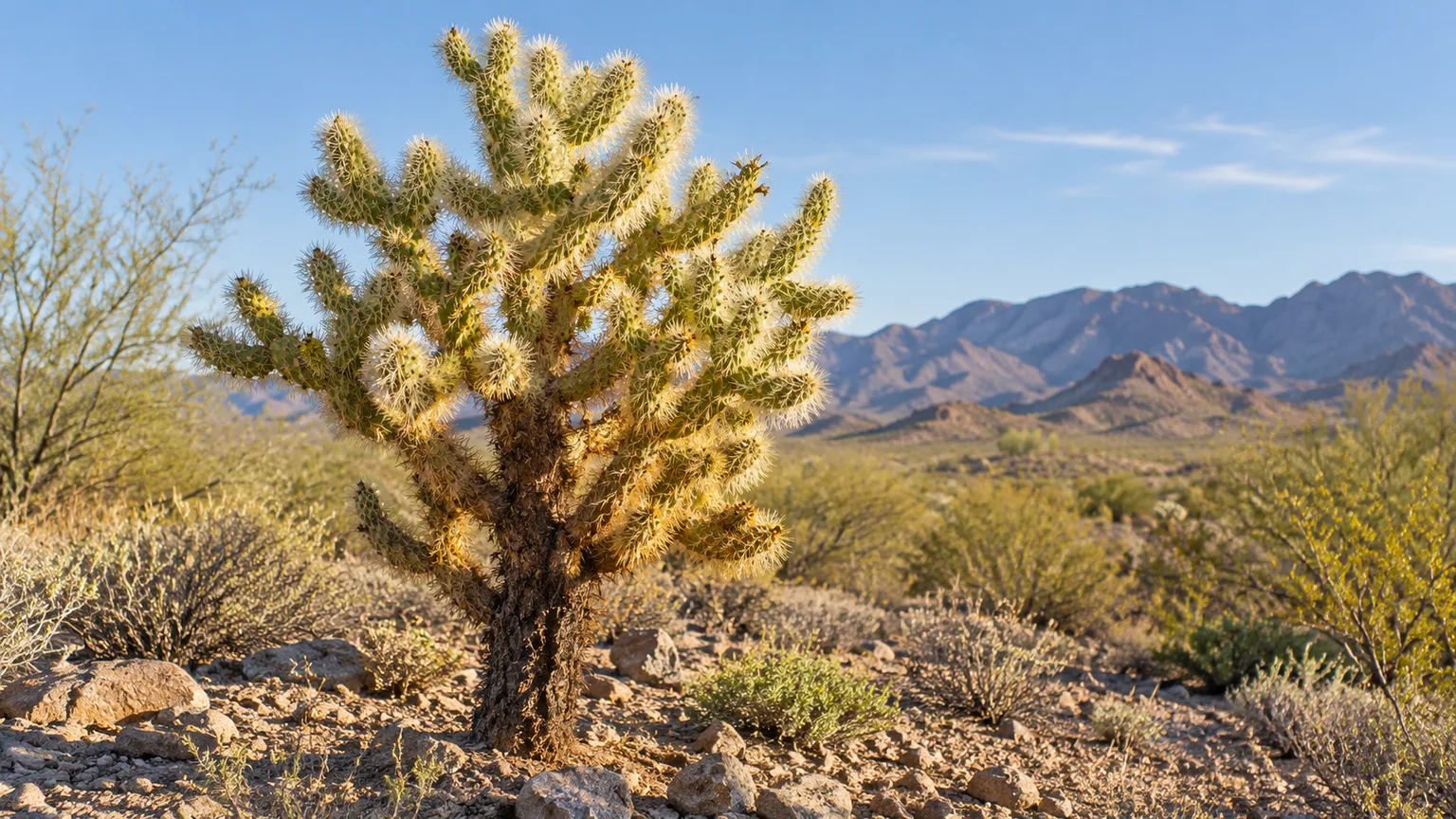 A mature teddy bear cholla with golden spines in a rocky desert garden