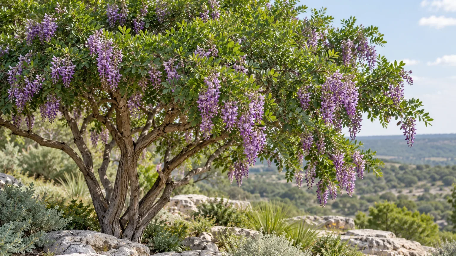 Mature Texas mountain laurel with violet spring flowers in a limestone garden