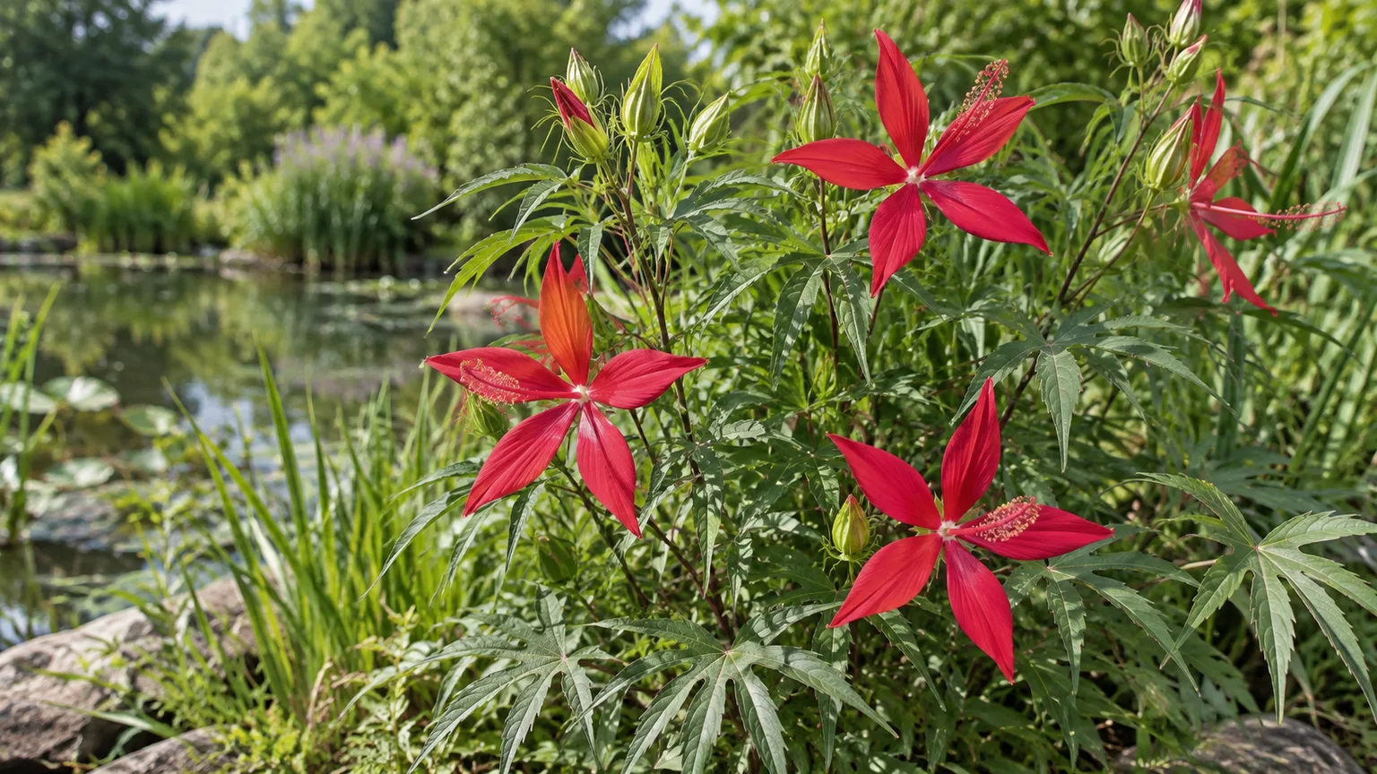 Texas star hibiscus with narrow, separated scarlet petals and deeply divided leaves beside a pond