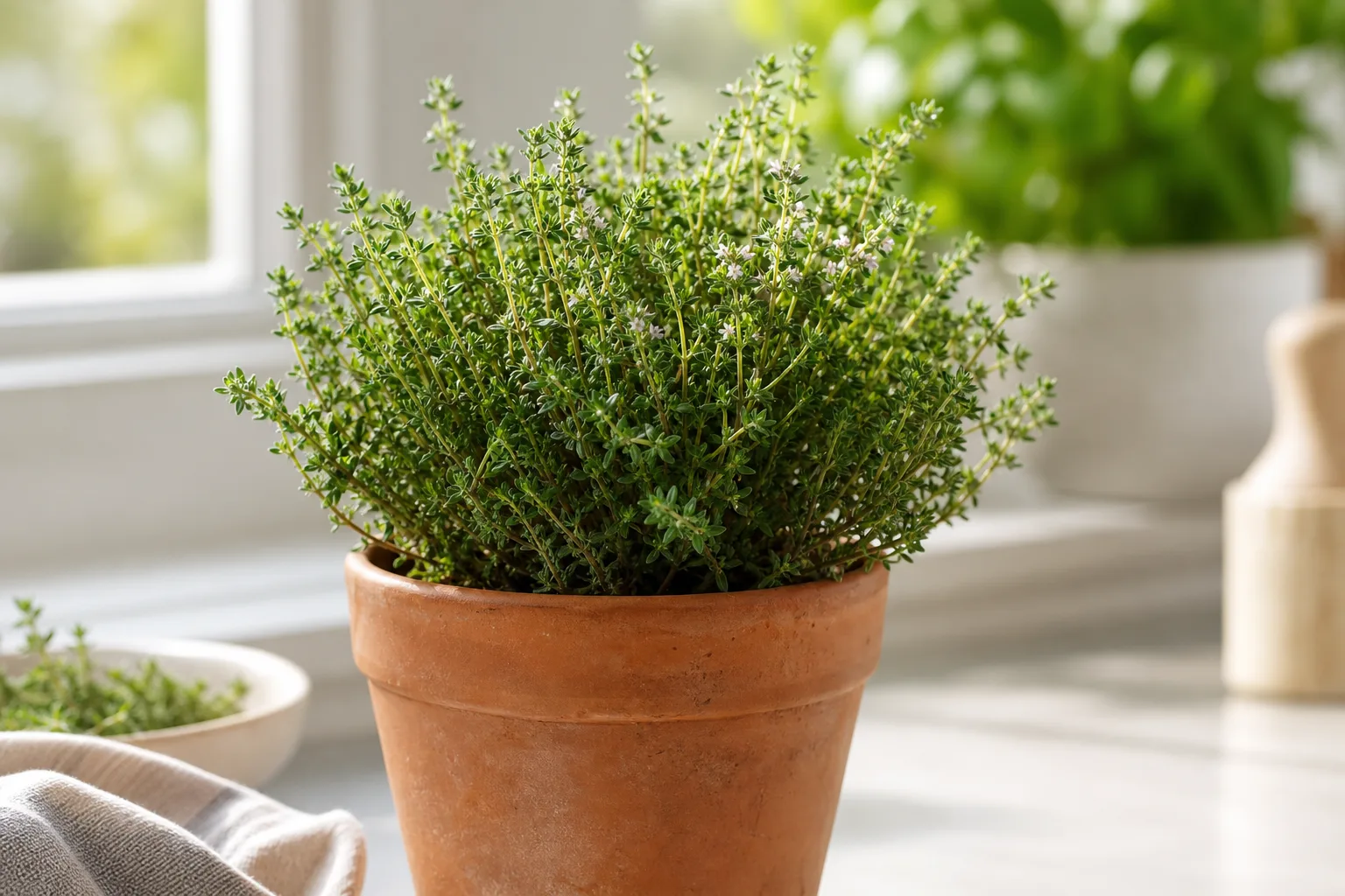 Thyme in a terra-cotta pot on a sunny windowsill