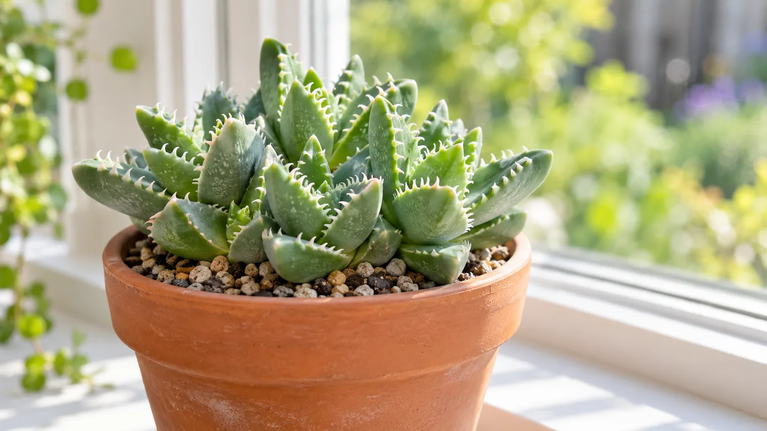 Healthy Tiger Jaws succulent with fleshy triangular gray-green leaves in a terracotta pot
