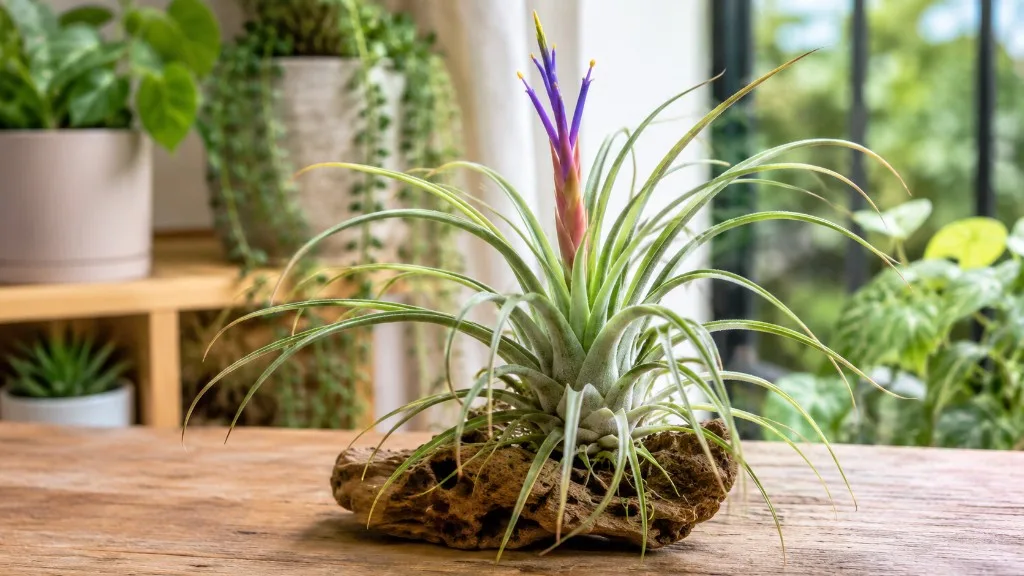 Tillandsia air plants mounted on open driftwood with bright indirect light - contrast with closed glass globe displays that trap moisture