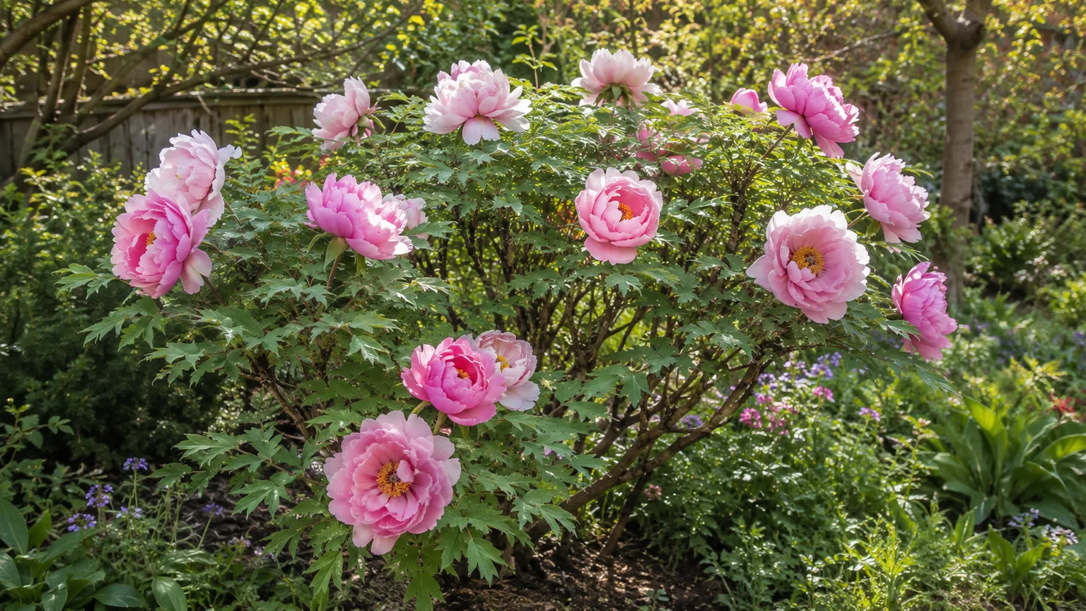 Healthy mature tree peony with pink flowers on woody stems in a sheltered garden border