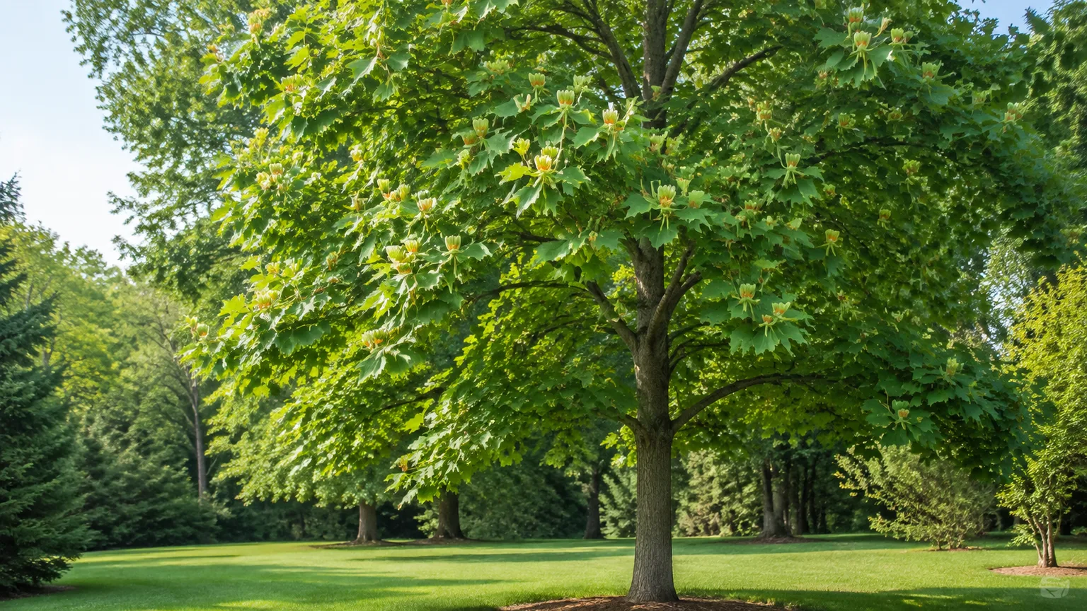 Healthy tulip tree with yellow-green flowers in a spacious garden