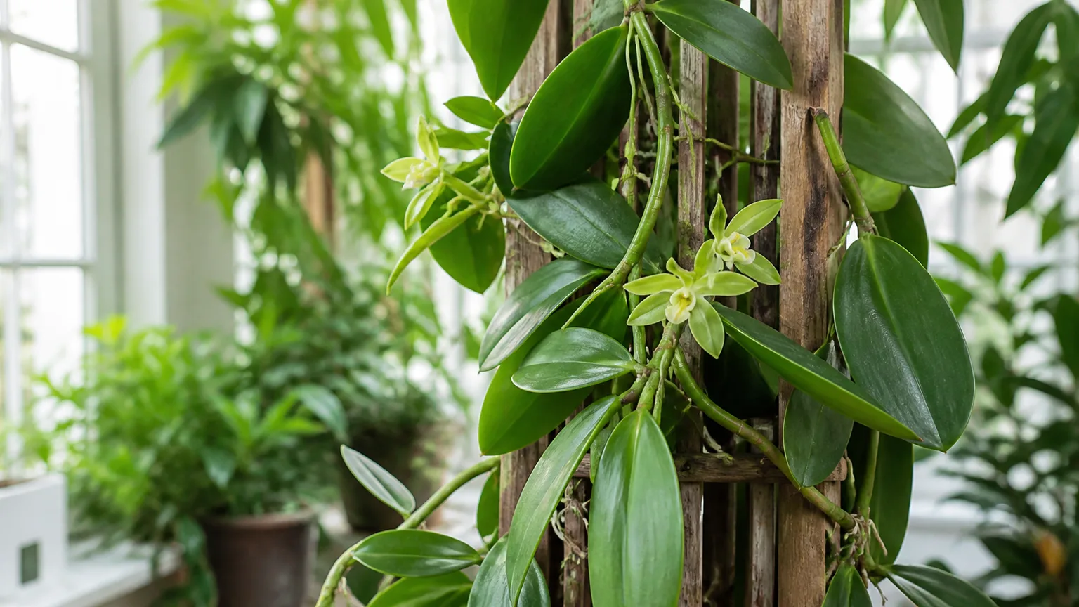 Healthy vanilla bean orchid vine with glossy leaves and cream-green flowers on a wooden trellis