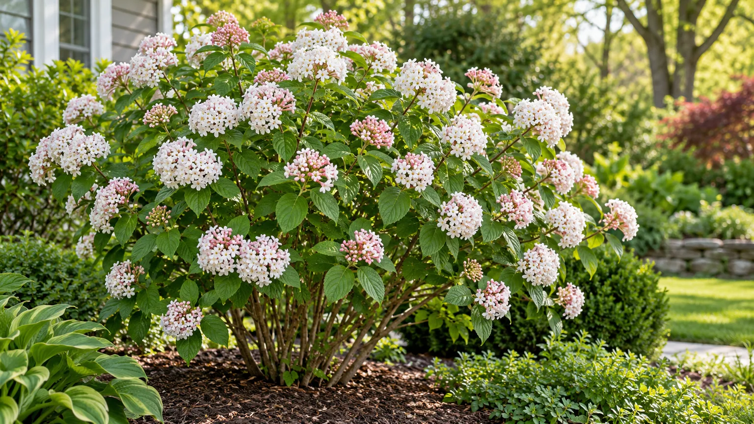 Rounded Korean spice viburnum with white spring flower clusters opening from pink buds.