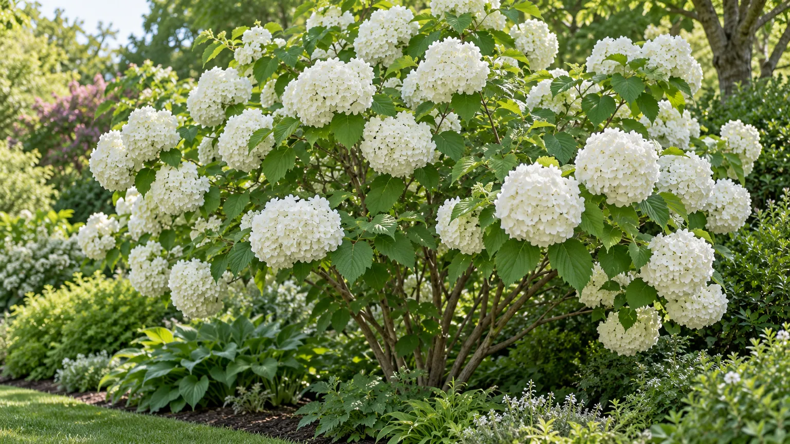 Chinese snowball viburnum with large rounded white flower clusters and dark green leaves