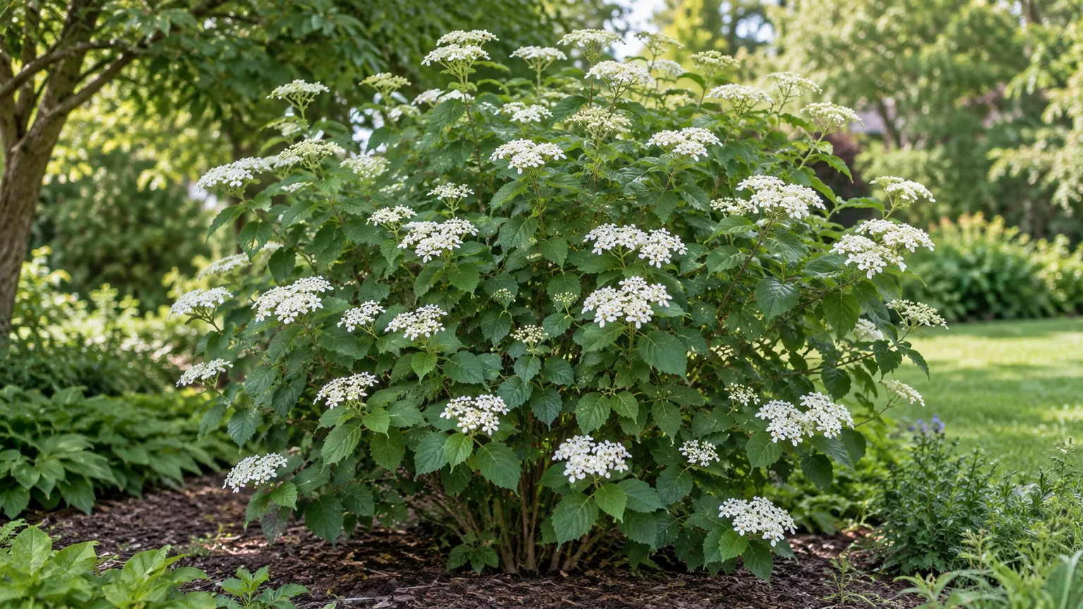 Healthy arrowwood viburnum with white spring flowers in a garden bed