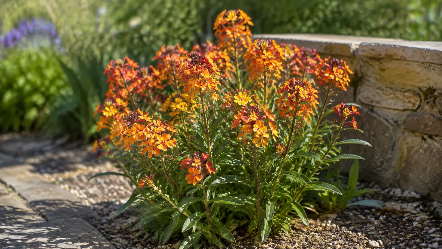 Healthy wallflower with orange and yellow blooms beside a sunny stone wall