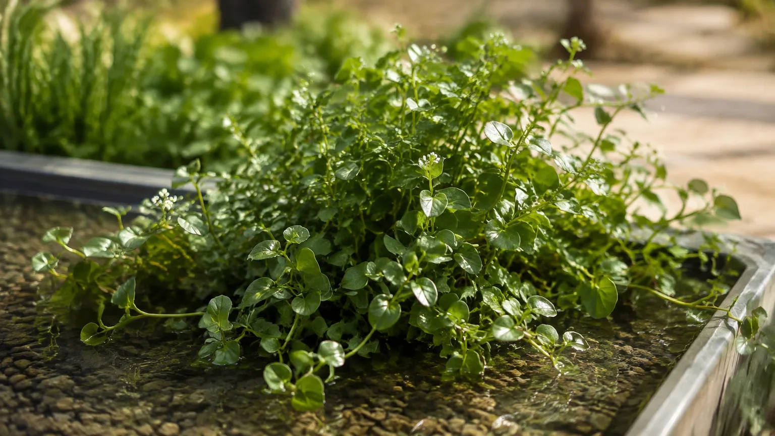 Healthy watercress growing in a shallow clear-water tray